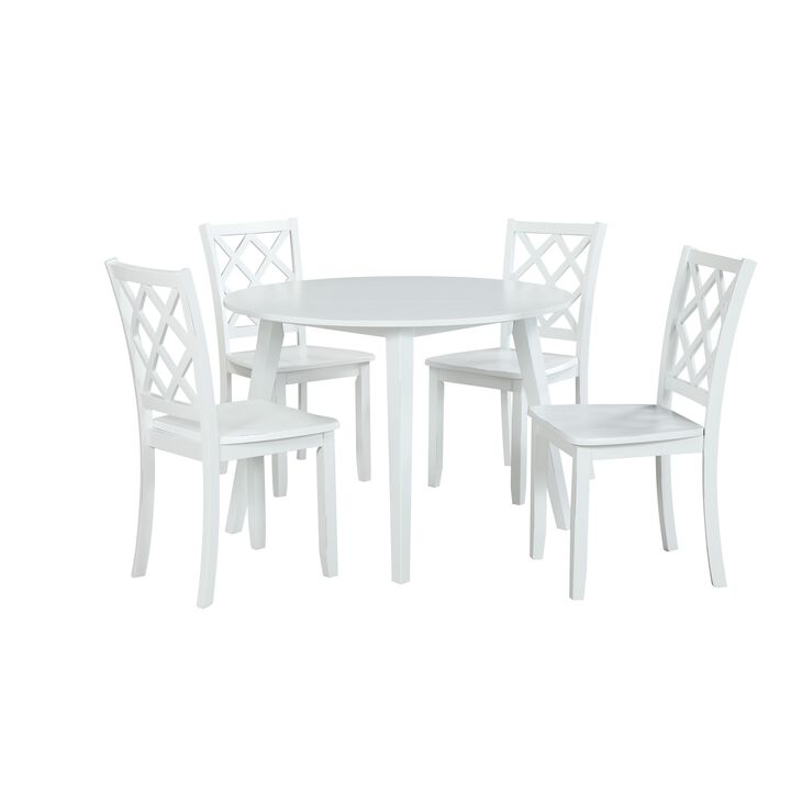 Ava 5pc Dining Table Set, 42in Round White Rubberwood, Diamond Trellis - Benzara