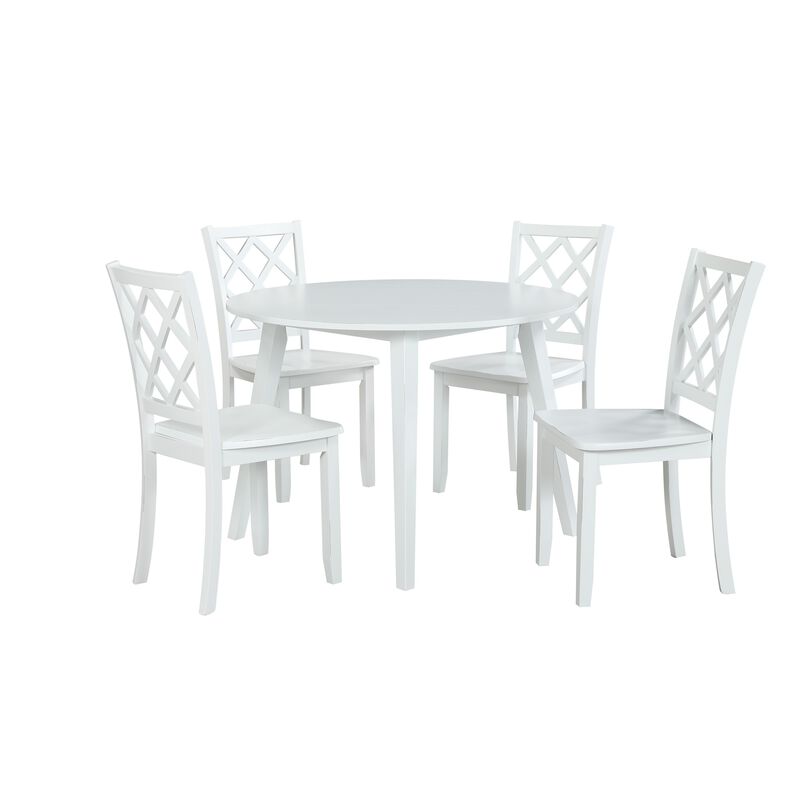 Ava 5pc Dining Table Set, 42in Round White Rubberwood, Diamond Trellis - Benzara