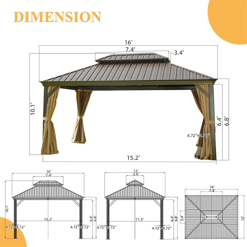 Aluminum grill gazebo with double canopy and curtains netting