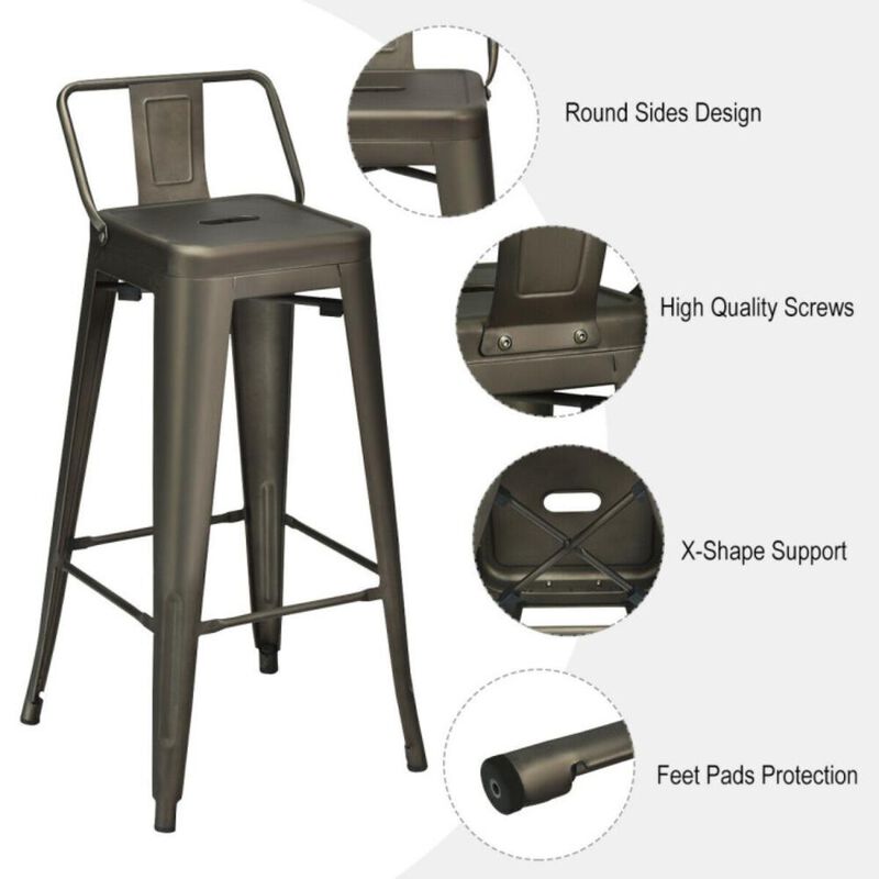 Hivvago 30 Inch Set of 4 Metal Counter Height Barstools with Low Back and Rubber Feet