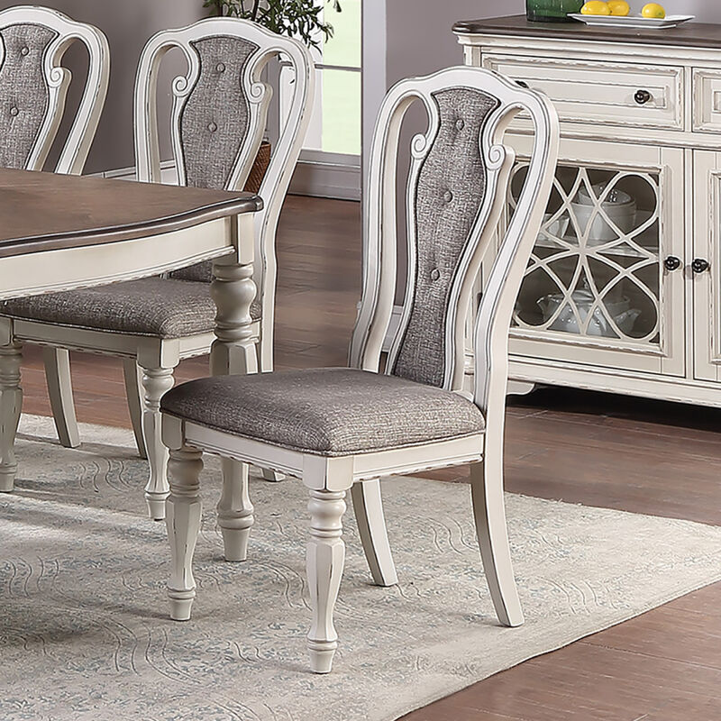 Light Grey Fabric Upholstery Dining Chair, Vintage White, Set Of 2