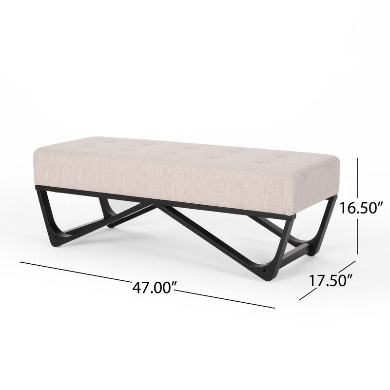 Liba Ottoman Bench, Button Tufted Beige Fabric, Black Frame, 47 Inch - Benzara