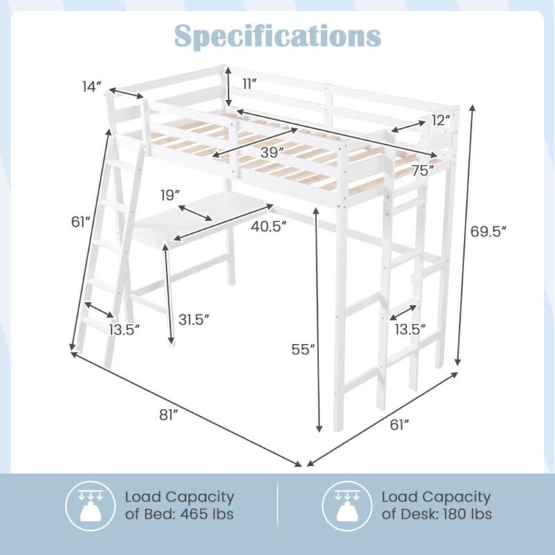 Hivvago Twin Size Loft Bed Frame with Desk Angled and Built-in Ladder