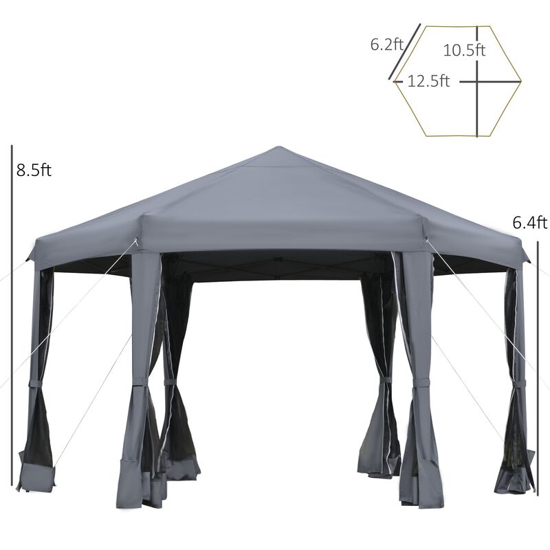 Grey Outdoor Shelter: 13'x13' Heavy Duty Hexagonal Pop Up Canopy with Mesh Walls