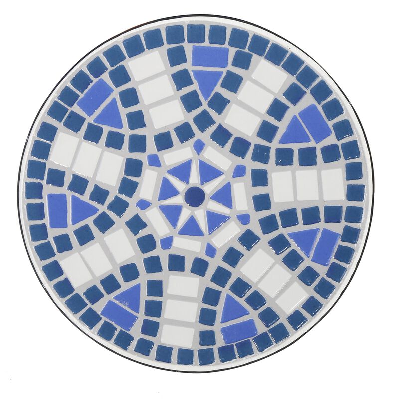 Outdoor Side End Table, 14 Inch Round Blue, White Mosaic Ceramic Top - Benzara