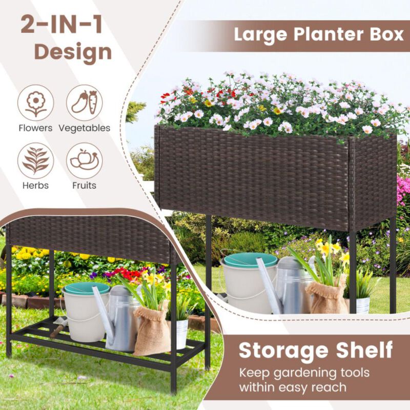 Hivvago Wicker Raised Garden Bed with Storage Shelf and Removable Liner for Flowers