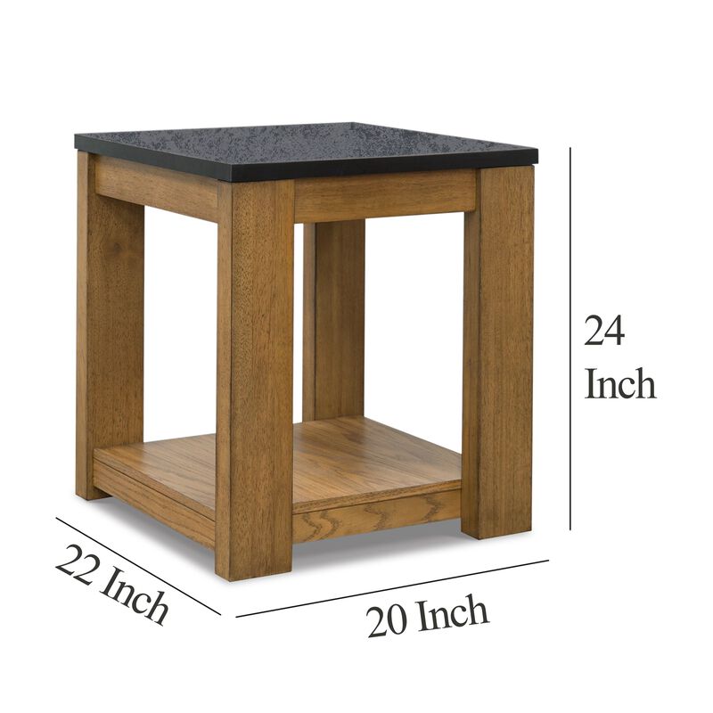 Enty Side End Table, Classic Faux Stone Top, 22 Inch Light Brown Wood - Benzara