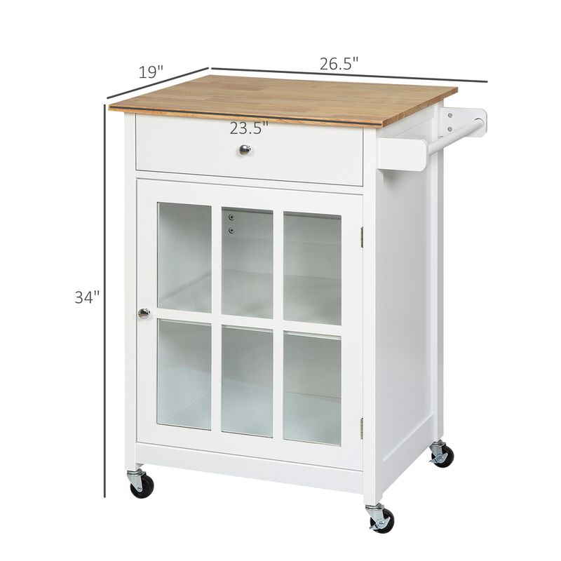 White Kitchen Trolley: Mobile Cart with Glass Door and Towel Holder