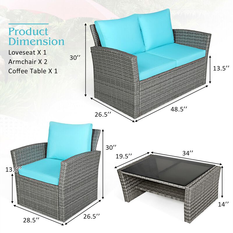 4 Pieces Patio Rattan Furniture Set Sofa Table with Storage Shelf Cushion