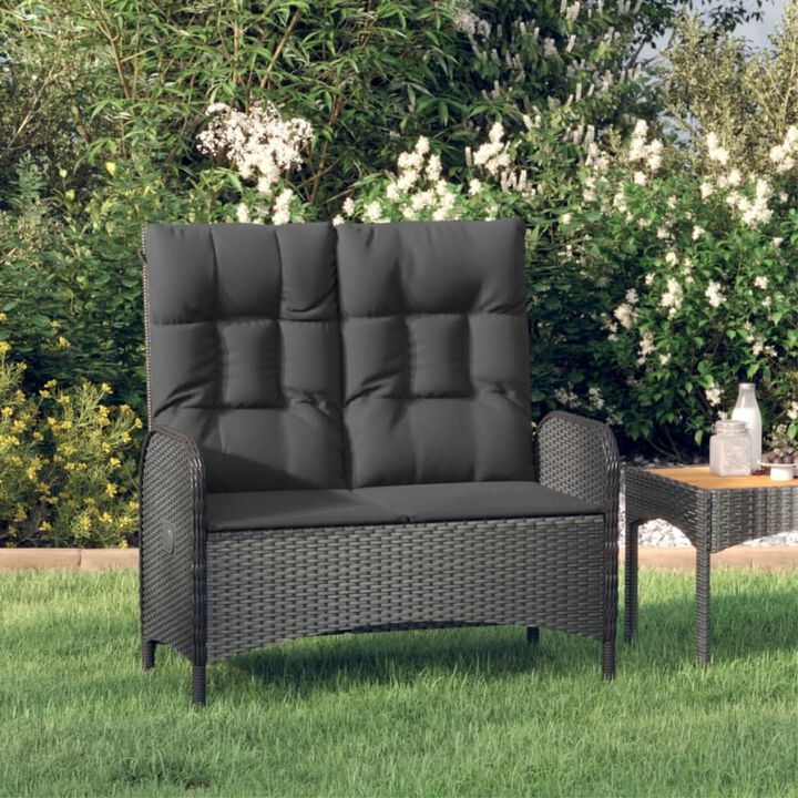 vidaXL Black Patio Bench with Reclining Function - Weather-Resistant Poly Rattan Material, Powder-Coated Steel Frame - Cushions Included - Fit for Garden, Terrace, Outdoor Lounge Area Use