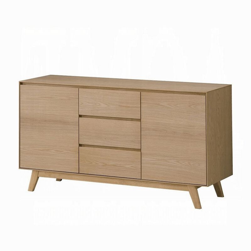 Semi Sideboard Buffet Console, 3 Drawers, 2 Cabinets, Oak Brown Wood - Benzara