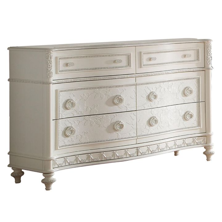Benjara Dorie 54 Inch Wide Dresser, 6 Drawers, Oval Molded Trim, Ivory White Wood