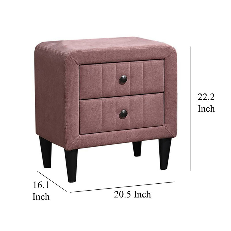Rheo Nightstand, 2 Drawer, 22 Inch Blush Pink Brushed Linen Upholstery - Benzara