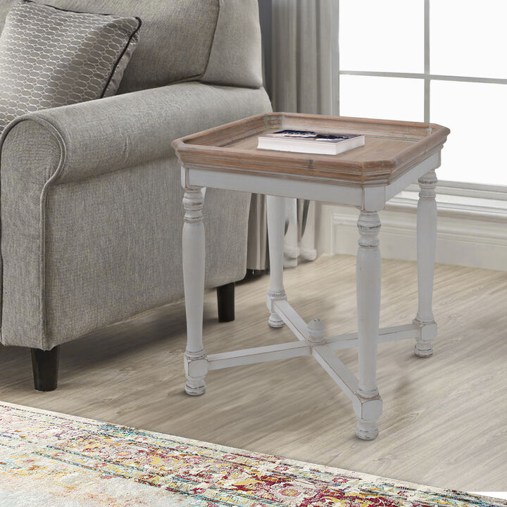25 Inch Square End Side Table, Fir Wood, Natural Brown, Antique White - Benzara