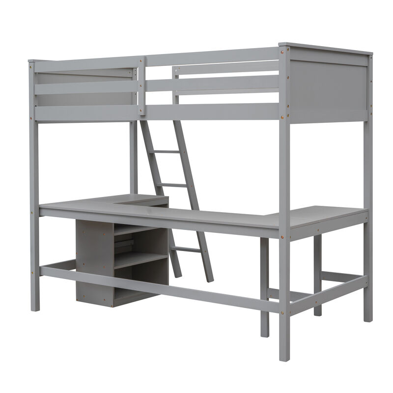 Twin Size Loft Bed With Shelves And Desk, Wooden Loft Bed With Desk