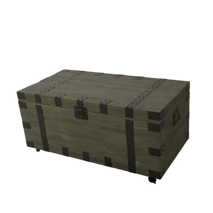 41 Inch Trunk Accent Coffee Table with Storage, Reclaimed Wood Green, Black-Benzara