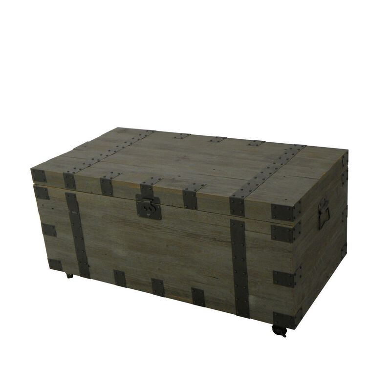 41 Inch Trunk Accent Coffee Table with Storage, Reclaimed Wood Green, Black-Benzara