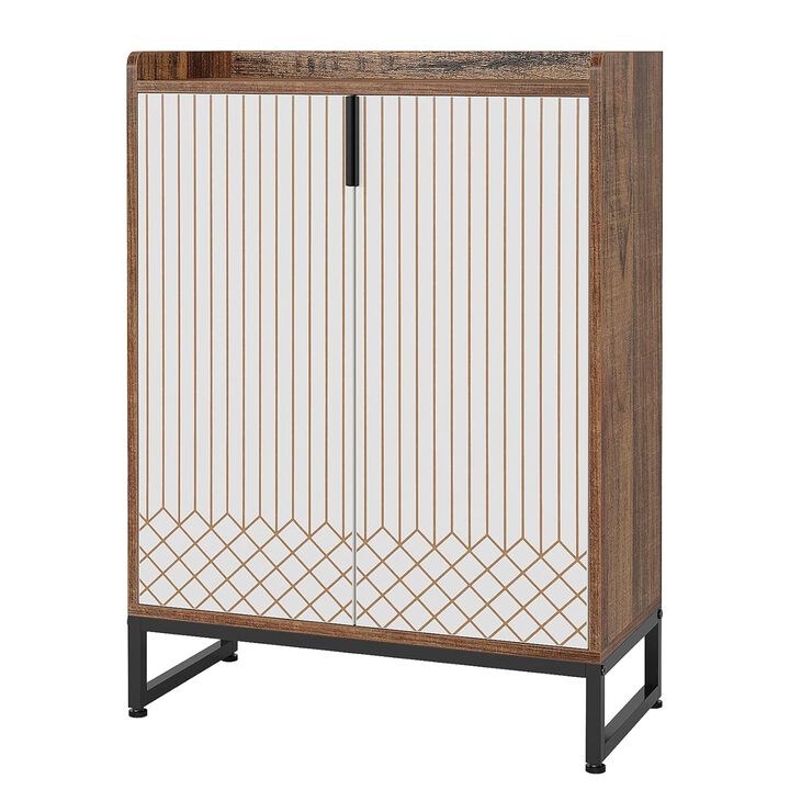 Shoe Cabinet Console, Gold Strip Doors, 5 Shelves, 41 Inch Brown White - Benzara