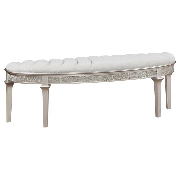 Nive 53 Inch Bench, Semiround Shape, Encrusted Faux Diamond, Silver Oak - Benzara