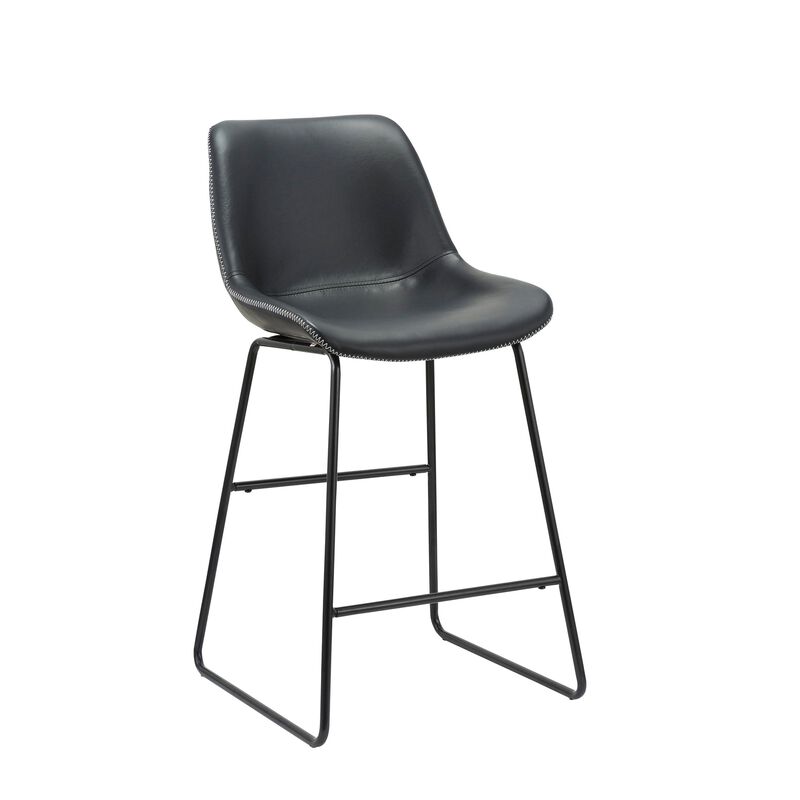 26 Inch Counter Height Chair, Set of 2, Black Faux Leather, Sled Legs - Benzara