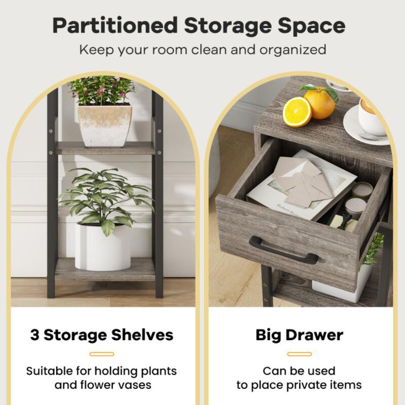 Hivvago 3 Tier Tall Plant Stand with Drawer Anti-tipping Devices-Gray