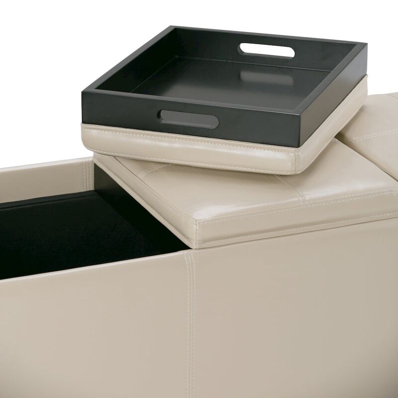 Simpli Home Avalon Storage Ottoman In Satin Cream Vegan Faux Leather