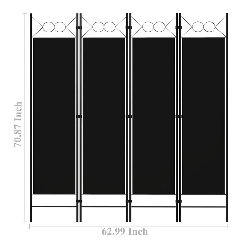 Dina 4 Panel Room Divider Screen, Black Fabric, Iron Frame, 63 Inch - Benzara