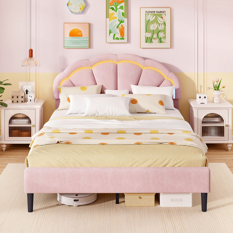Upholstered LED Bed Frame with Adjustable Flower Headboard