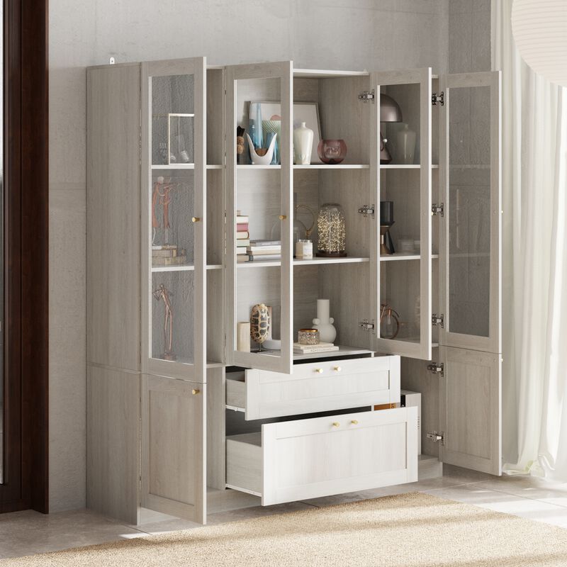 FUFU&GAGA Modern Wood Grain Bookcase with Adjustable Shelves and Lockable Drawers (63" W x 70.9" H x 15.7" D), Elegant Glass Doors and Wood Grain
