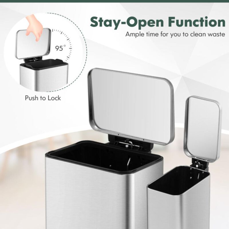 Hivvago 10.5 Gal and 1.6 Gal Step Trash Can Combo Set with Detachable Inner Buckets-Silver