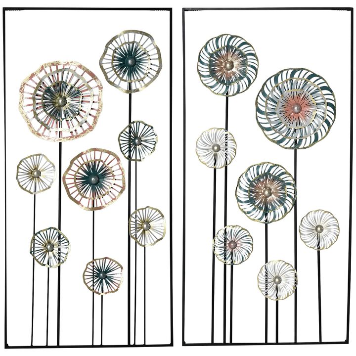 Blue/Silver/Gold Decor: 3D Metal Wall Art Set with Modern Flower Design