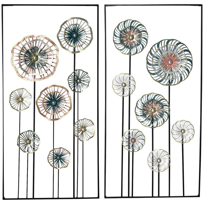 Blue/Silver/Gold Decor: 3D Metal Wall Art Set with Modern Flower Design