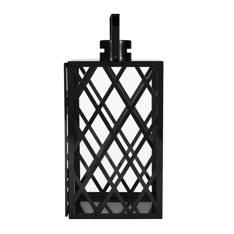 Dove 18 Inch Lantern, Lattice Black Stainless Steel, Tempered Glass - Benzara
