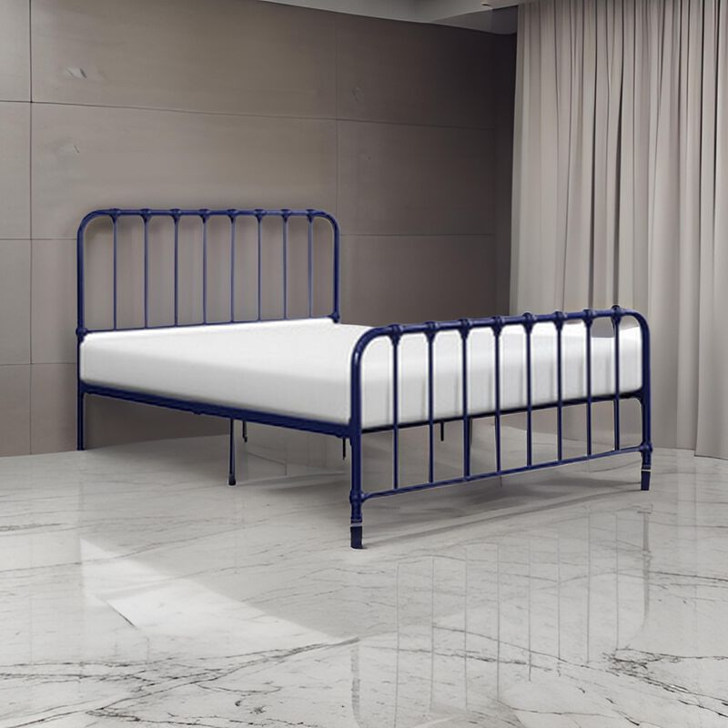 Ethan Queen Size Bed, Classic Open Slatted Metal Frame Design, Blue - Benzara