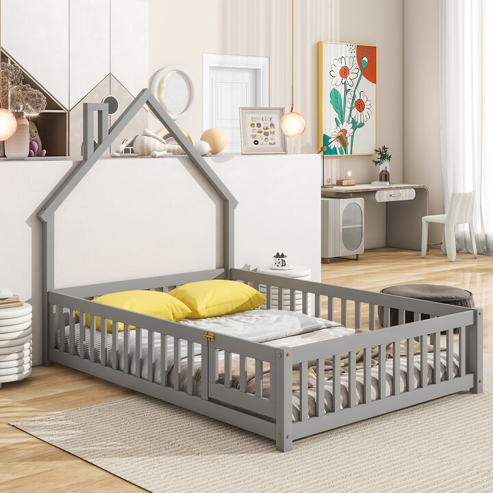 Twin House-Shaped Headboard Floor Bed with Fence, Natural