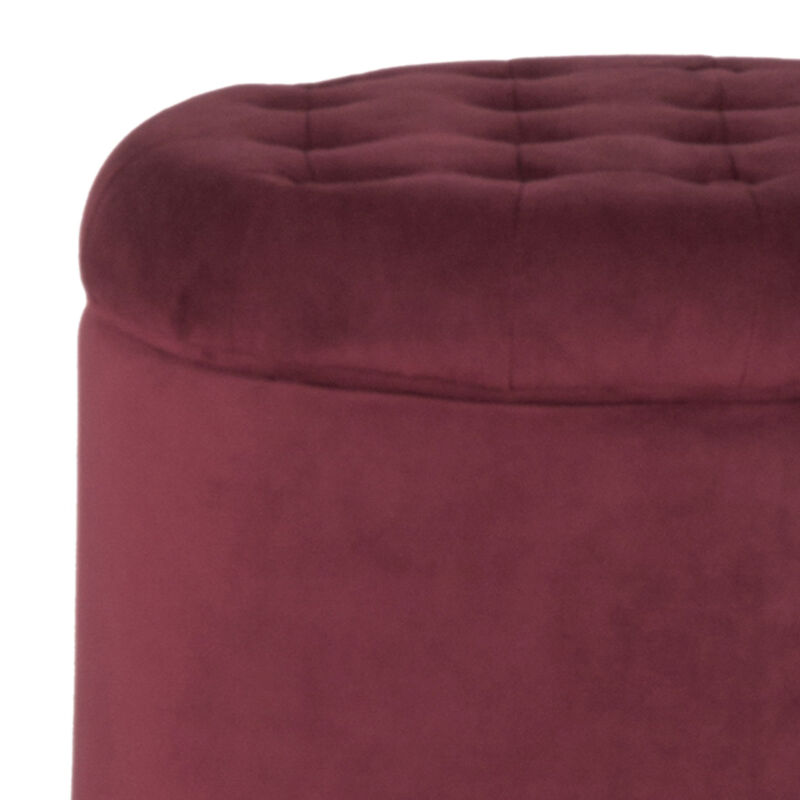 Button Tufted Velvet Upholstered Wooden Ottoman with Hidden Storage, Red and Brown - Benzara