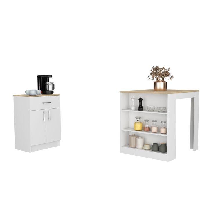 Monroe 2 Piece Kitchen Set, Milos Kitchen Island Table + Barbados Pantry Cabinet, White Light Oak