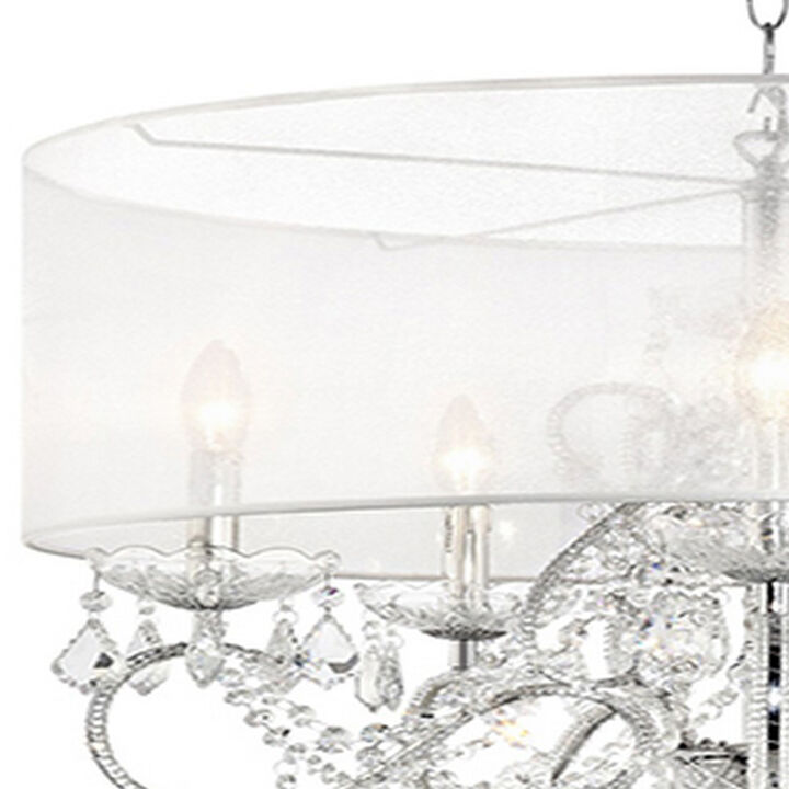 32 Inch Ceiling Lamp with Hanging Crystals, Round Canopy, Silver-Benzara