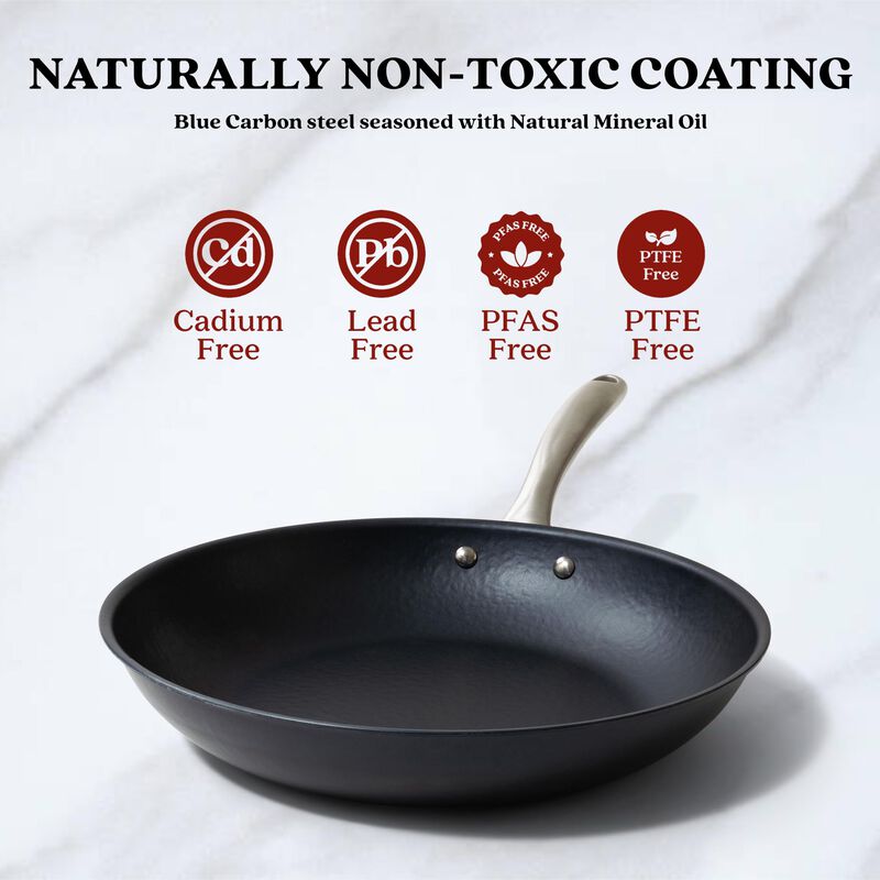 Alva Black Angus Carbon Steel Pan 11" Pre-Seasoned with Natural Mineral Oil, Non Toxic Hammered Carbon Steel Nonstick Frying Pan Skillet for Searing Steak Compatible w/ All Stovetops & Induction Safe