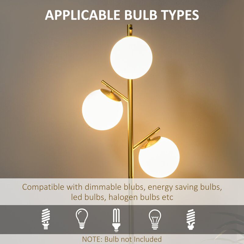 Gold Living Space Illumination: 3-Light Tree Floor Lamp with Globe Shades