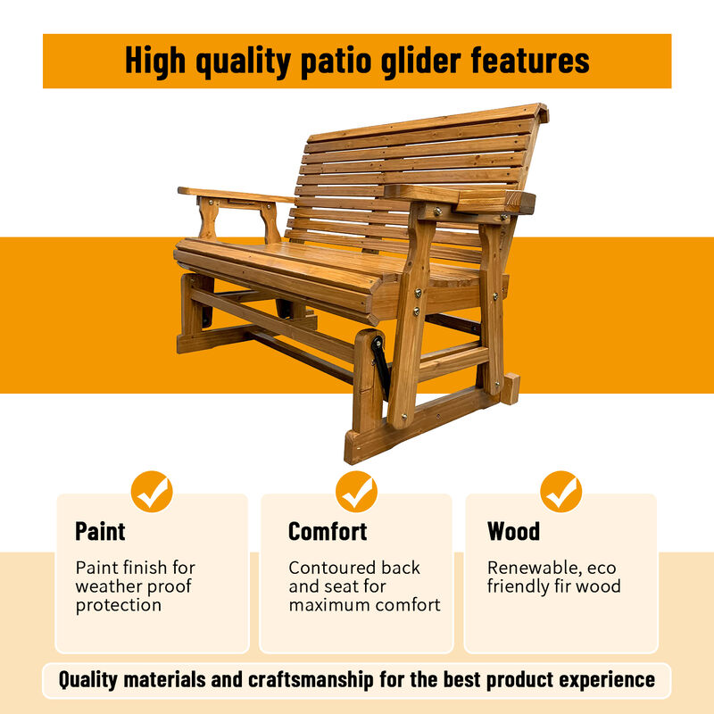 Patio Glider with Cup Holders, High Roll Back and Deep Contoured Seat, 2-Seater, Heavy Duty 800 Lb, 4 Feet (Brown 4 Ft)