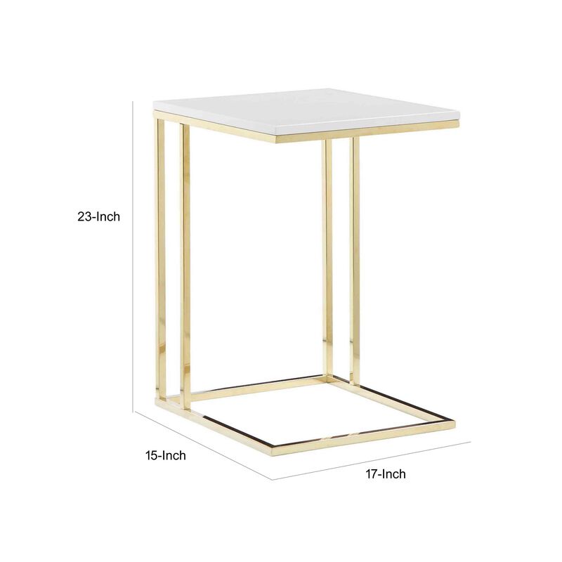 Zen 23 Inch Side End Tray Table, White Tray Top, Steel Base in Gold Finish - Benzara