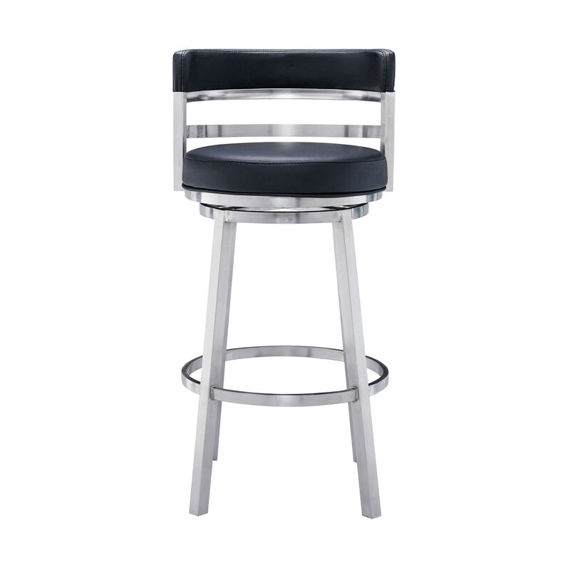 Eva 30 Inch Padded Swivel Bar Stool Chair, Steel Finish, Black Faux Leather-Benzara
