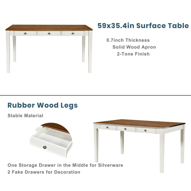 Mid-Century 6-Piece Wood Dining Table Set, Kitchen Table Set With Drawer, Upholstered Chairs