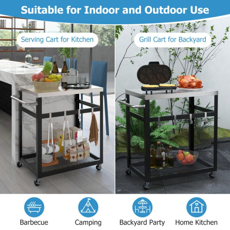 Hivvago 2-Tier Stainless Steel Grill Cart with 4 Hooks and Wheels BBQ Table