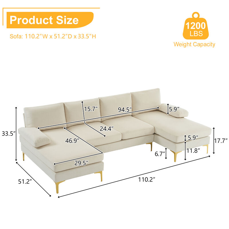 4-Seater U-Shaped Indoor Modular Sofa, Linen Seat with Wooden & Iron Frame, Gold Feet