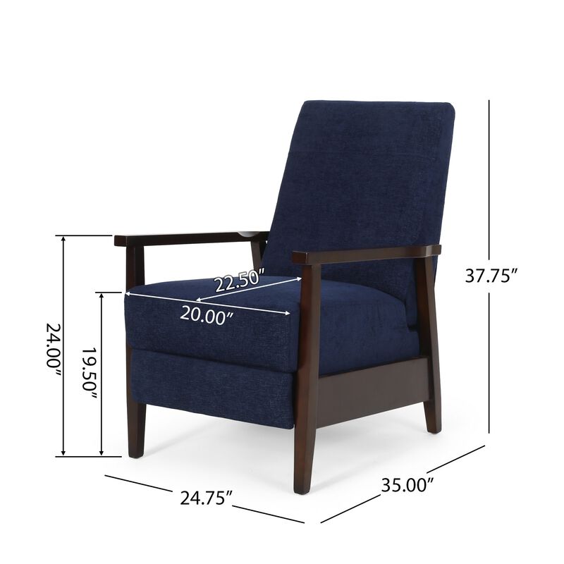 Yahya Manual Recliner Chair, Ergonomic Brown Rubberwood, Navy Blue Fabric - Benzara