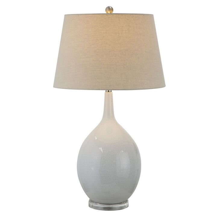 32 Inch Table Lamp, Empire Shade, Ceramic Stand, Crackle White Finish-Benzara