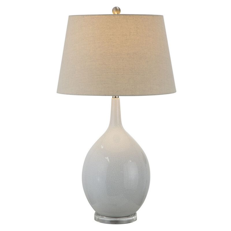 32 Inch Table Lamp, Empire Shade, Ceramic Stand, Crackle White Finish-Benzara
