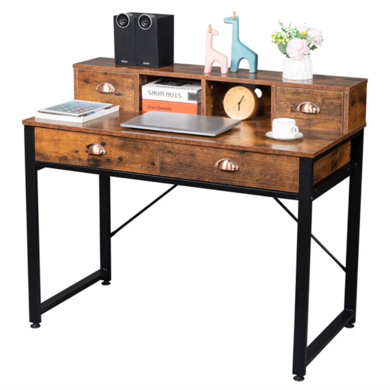Steel Frame Computer Desk with Old Wood Table Top, 4 Drawers for Home Office or Study